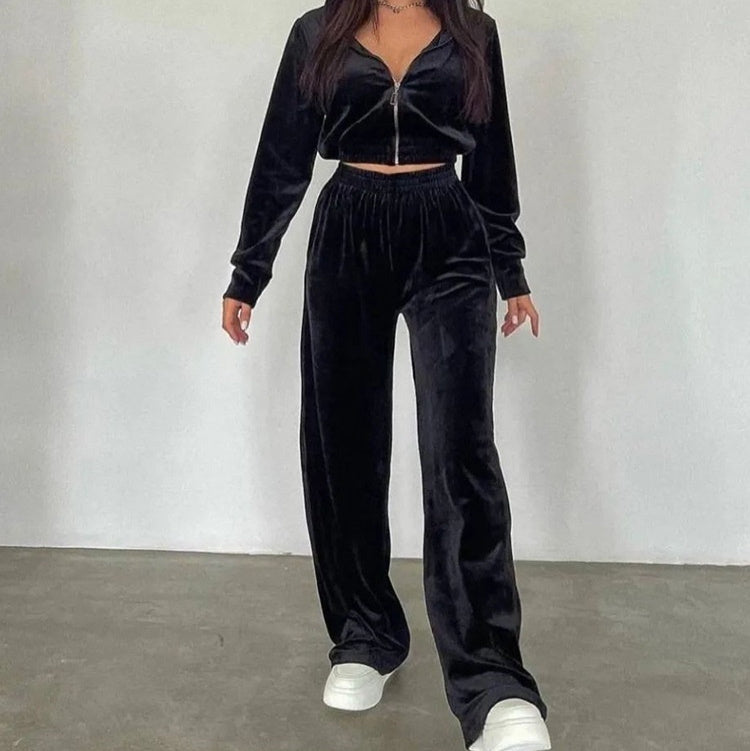 Fashion Women's Long-sleeve Lapel Zip-up Cardigan Hoodie Fleece Sweater Trousers