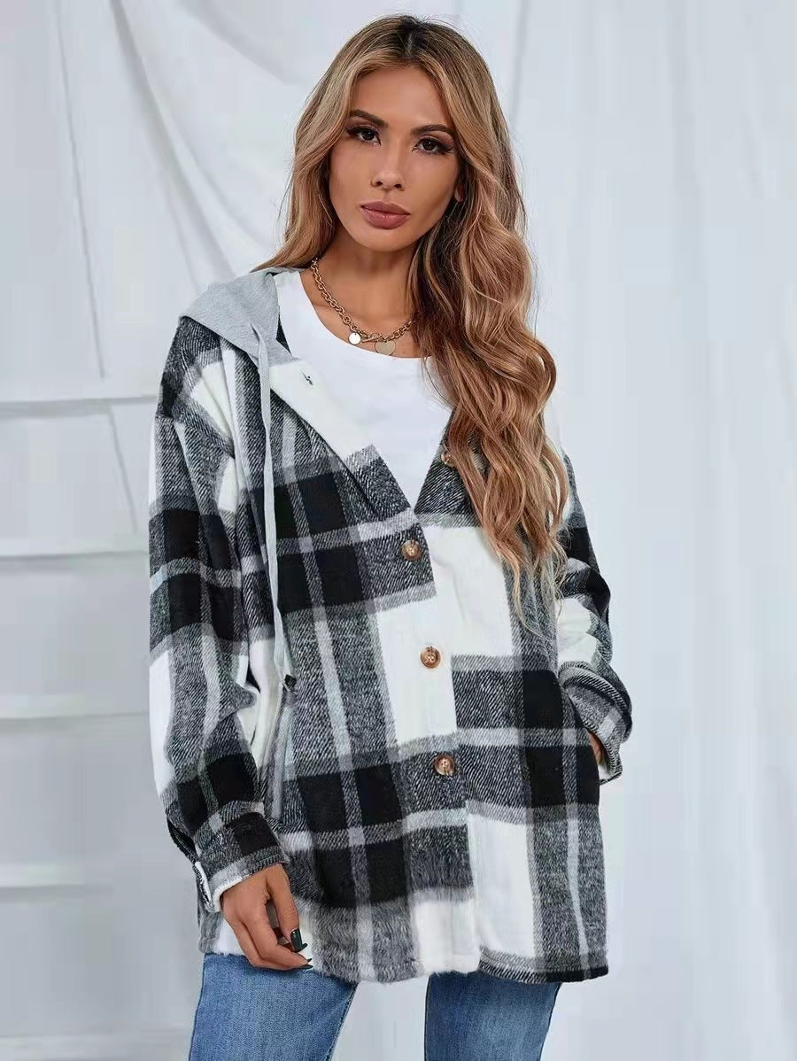 Women Cardigan Women's Plaid Woolen Coat