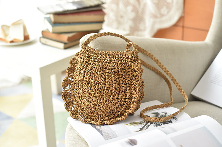Elegant Retro Wood Ear Lace Straw Bag Leisure Woven Bag One Shoulder Cross Over Beach Bag Holiday Women''S Bag
