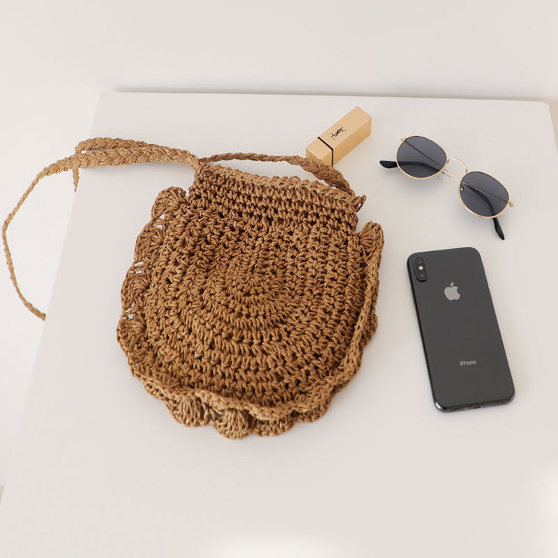 Elegant Retro Wood Ear Lace Straw Bag Leisure Woven Bag One Shoulder Cross Over Beach Bag Holiday Women''S Bag