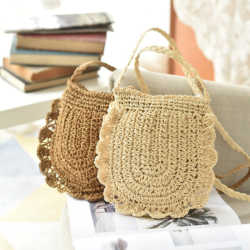 Elegant Retro Wood Ear Lace Straw Bag Leisure Woven Bag One Shoulder Cross Over Beach Bag Holiday Women''S Bag