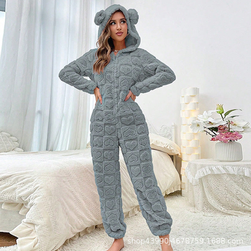 Womens Warm Hooded Jumpsuit For Home Wear