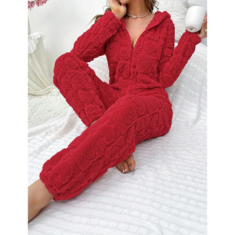 Womens Warm Hooded Jumpsuit For Home Wear