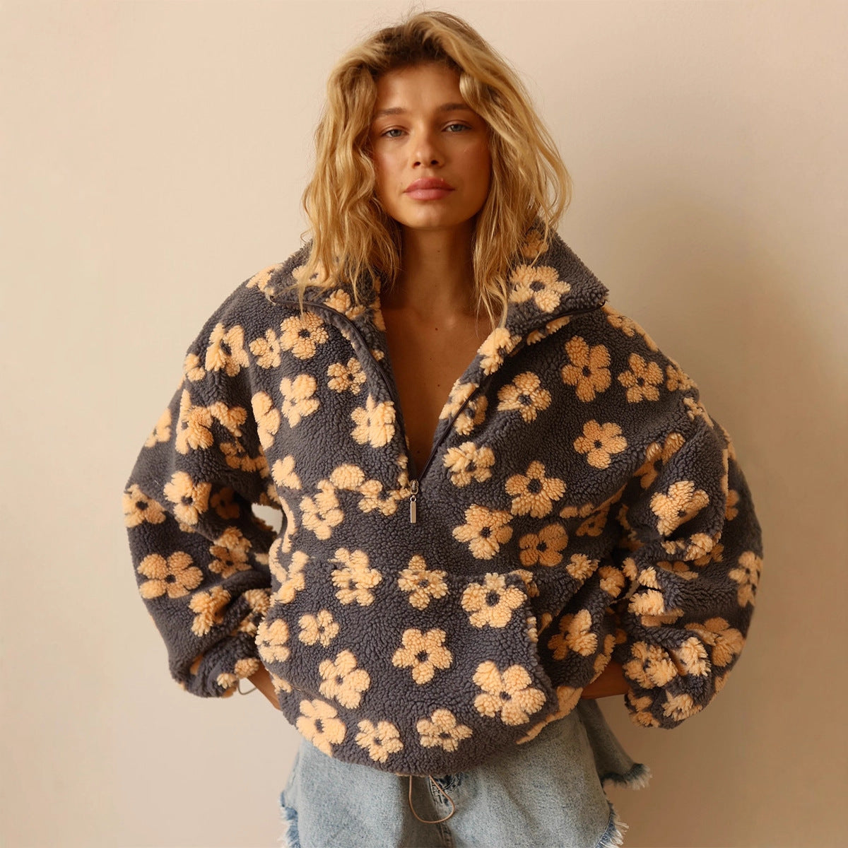 Winter Flowers Lambskin Sweatshirt With Big Pocket Casual Loose Zip-up Lapel Pullover Top Women's Clothing