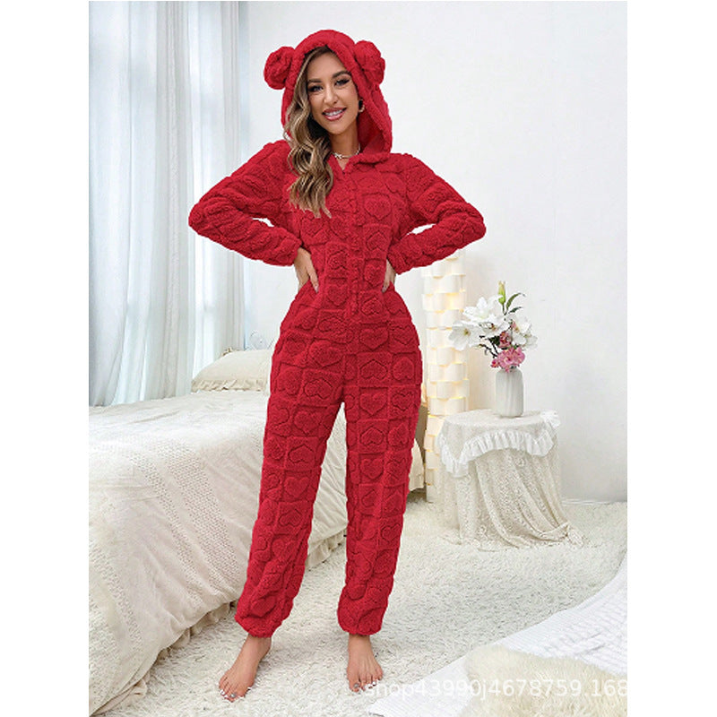 Womens Warm Hooded Jumpsuit For Home Wear