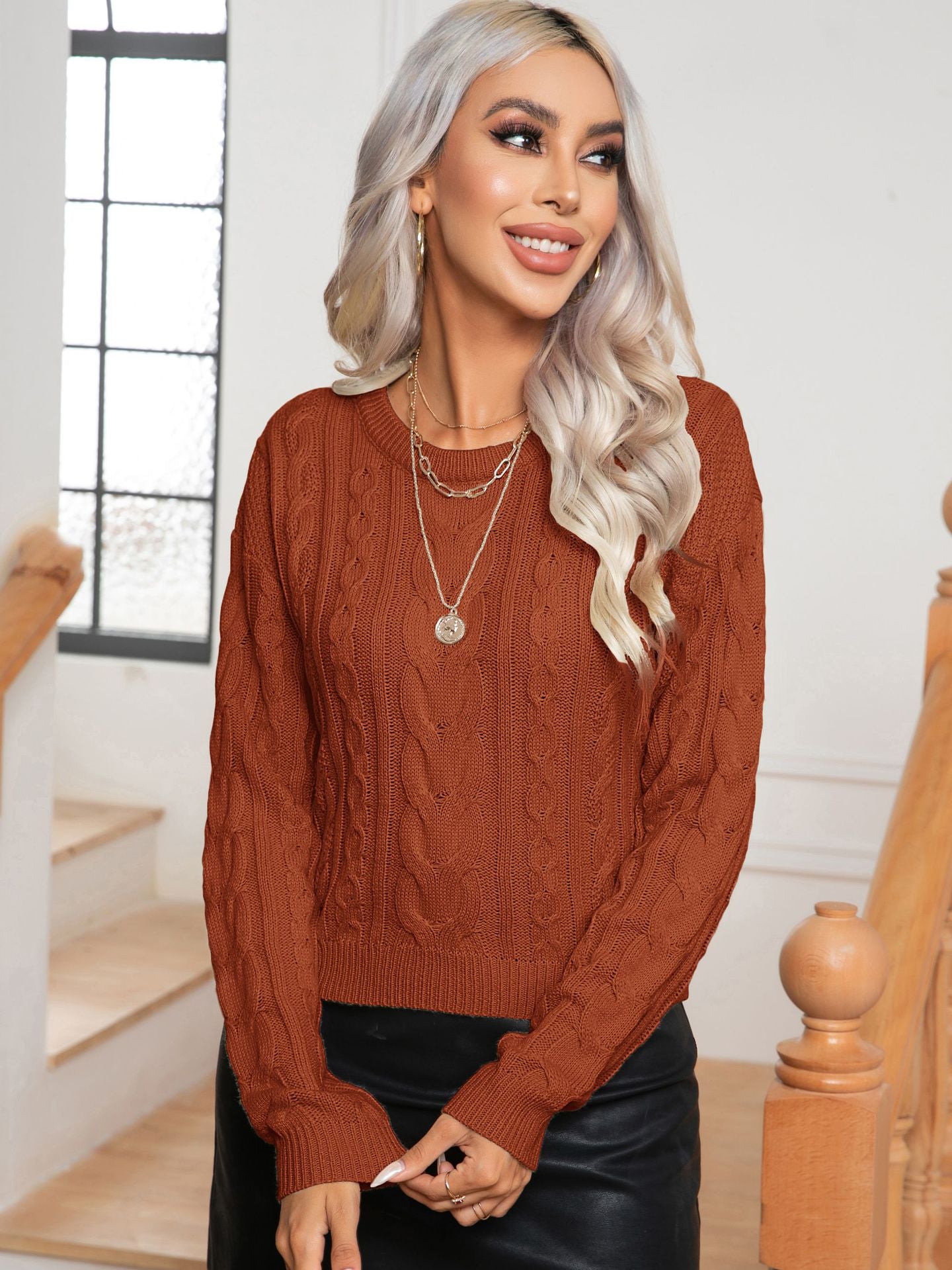 Womens Retro Cable-Knit Long-Sleeve Knitted Pullover Sweater