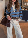 Retro Striped Half-button Polo-neck Sweater For Women