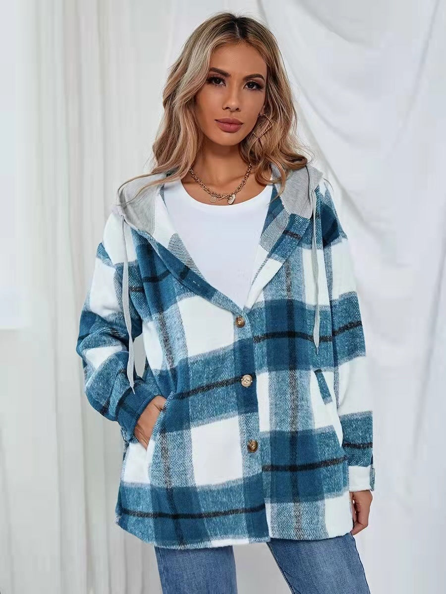 Women Cardigan Women's Plaid Woolen Coat