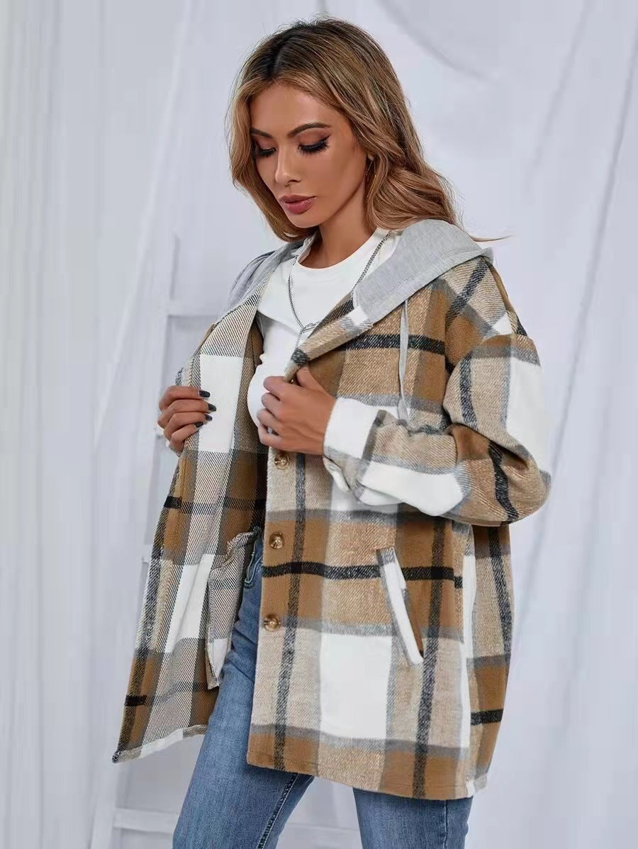 Women Cardigan Women's Plaid Woolen Coat